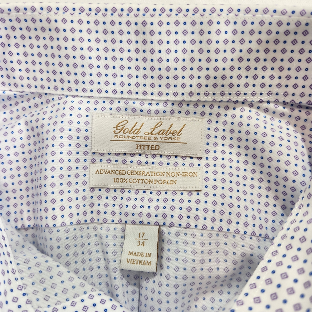 Roundtree Yorke Gold Label Men's Shirt Size 17 34 White Lilac Fitted Poplin 59 - Picture 2 of 13